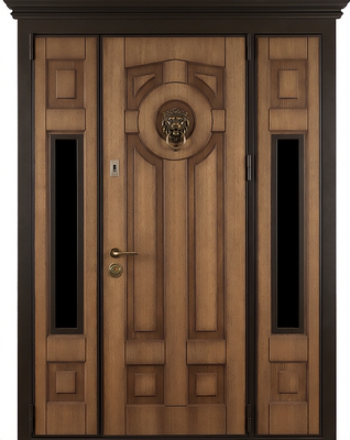 Парадная входная группа с карнизом, кнокером, стеклами по бокам и отделкой массивом (терморазрыв) Парадная входная группа с карнизом, кнокером, стеклами по бокам и отделкой массивом (терморазрыв)