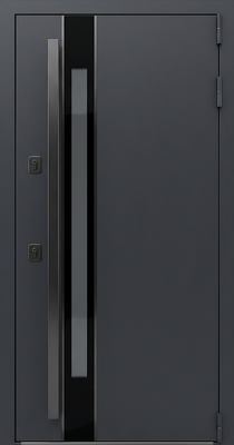 Уличная входная термодверь с узким стеклопакетом, вертикальной ручкой и полимерной покраской графит Уличная входная термодверь с узким стеклопакетом, вертикальной ручкой и полимерной покраской графит