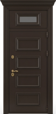 Непромерзающая входная термодверь с металлобагетом, карнизом, остекленной фрамугой и коричневым порошковым напылением Непромерзающая входная термодверь с металлобагетом, карнизом, остекленной фрамугой и коричневым порошковым напылением