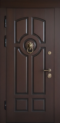 Входная термодверь со шпонированными плитами МДФ с кнокером в виде льва Входная термодверь со шпонированными плитами МДФ с кнокером в виде льва