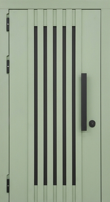 Металлическая термодверь с окрашенными панелями МДФ RAL светло-зеленого цвета, бугельной ручкой и рейками Металлическая термодверь с окрашенными панелями МДФ RAL светло-зеленого цвета, бугельной ручкой и рейками