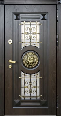 Стальная утеплённая термодверь со львом, ковкой и стеклопакетом (отделка панелями МДФ) Стальная утеплённая термодверь со львом, ковкой и стеклопакетом (отделка панелями МДФ)