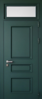 Входная уличная термодверь с металлофиленкой, фрамугой со стеклом и зеленой полимерной покраской Входная уличная термодверь с металлофиленкой, фрамугой со стеклом и зеленой полимерной покраской