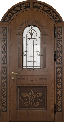 Уличная арочная термодверь со стеклопакетом, ковкой и панелями МДФ коричневого цвета Уличная арочная термодверь со стеклопакетом, ковкой и панелями МДФ коричневого цвета
