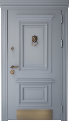 Парадная коттеджная термодверь с карнизом, кнокером, отбойником и панелями МДФ с багетом и покраской по RAL Парадная коттеджная термодверь с карнизом, кнокером, отбойником и панелями МДФ с багетом и покраской по RAL