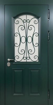Входная морозостойкая термодверь со стеклом, кованой решеткой и темно-зелеными плитами МДФ Входная морозостойкая термодверь со стеклом, кованой решеткой и темно-зелеными плитами МДФ