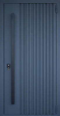 Входная уличная термодверь с металлорейками, бугельной ручкой и синим полимерным покрытием Входная уличная термодверь с металлорейками, бугельной ручкой и синим полимерным покрытием
