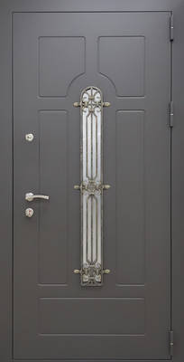 Входная уличная термодверь с узким стеклом, накладной ковкой (порошковое напыление с выдавленным рисунком на металле) Входная уличная термодверь с узким стеклом, накладной ковкой (порошковое напыление с выдавленным рисунком на металле)