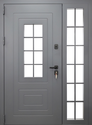 Утепленная входная термодверь с боковой остекленной вставкой, выдавленным рисунком и серым полимерным покрытием Утепленная входная термодверь с боковой остекленной вставкой, выдавленным рисунком и серым полимерным покрытием