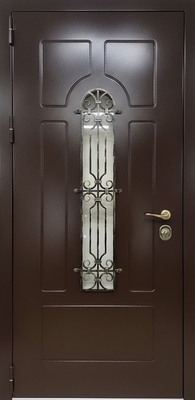 Входная термодверь с кованой решеткой, стеклом, выдавленным рисунком и коричневым порошковым покрытием Входная термодверь с кованой решеткой, стеклом, выдавленным рисунком и коричневым порошковым покрытием