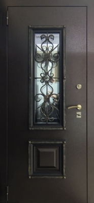 Уличная остекленная дверь с кованой решеткой, порошковым покрытием и МДФ ПВХ Уличная остекленная дверь с кованой решеткой, порошковым покрытием и МДФ ПВХ