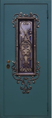 Стальная морозостойкая термодверь с витражным стеклом, узорчатой ковкой и зеленым порошковым напылением Стальная морозостойкая термодверь с витражным стеклом, узорчатой ковкой и зеленым порошковым напылением